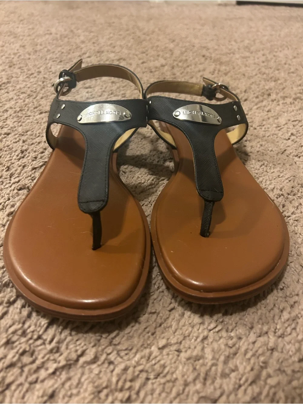 Michael Kors Women’s Black T-StrapFlat Sandals Silver Logo Buckle (Size 9)